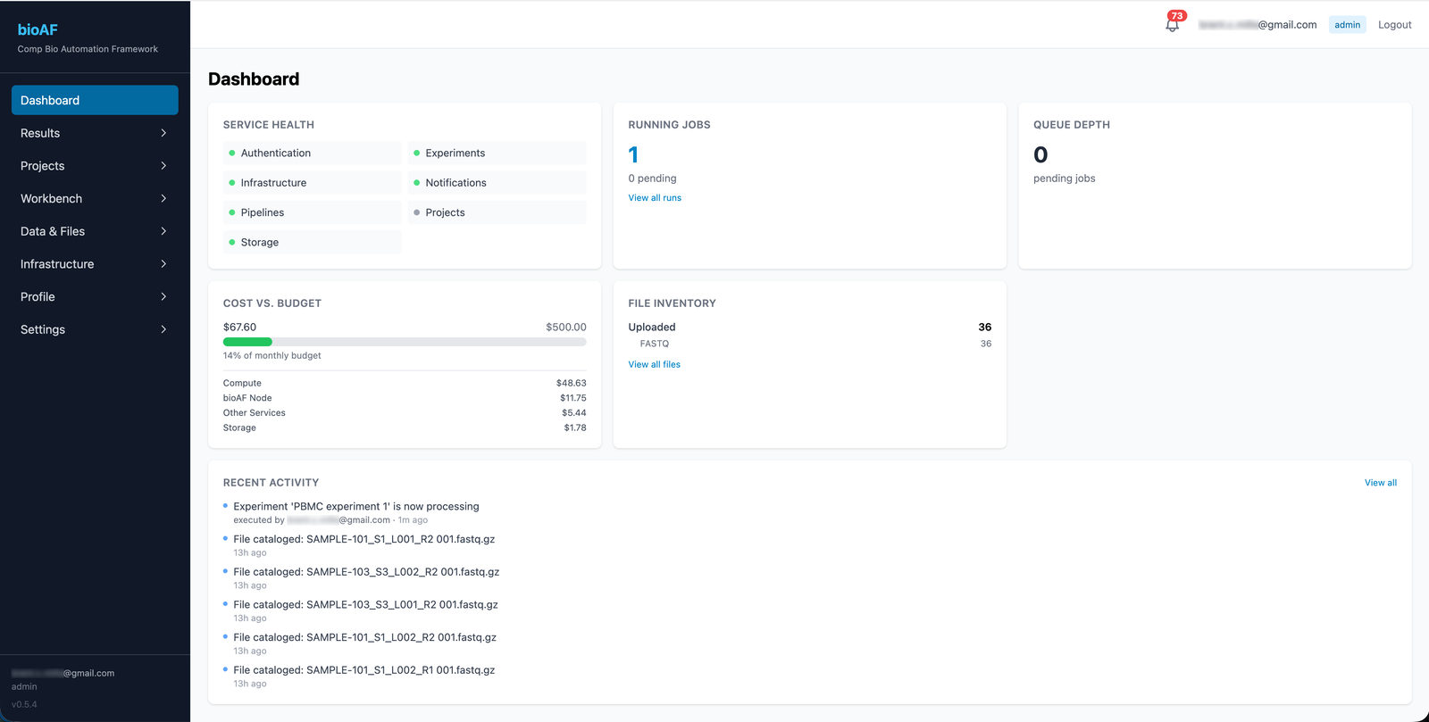 bioAF dashboard: active runs, notebook sessions, and recent activity